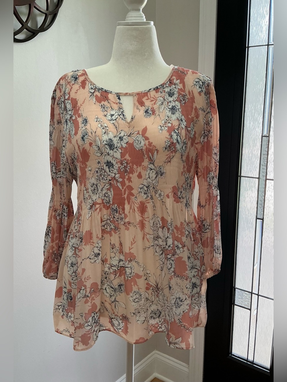 Floral & Ivy Peasant Style Blouse - Floral Blush, Cream & Navy Size Large